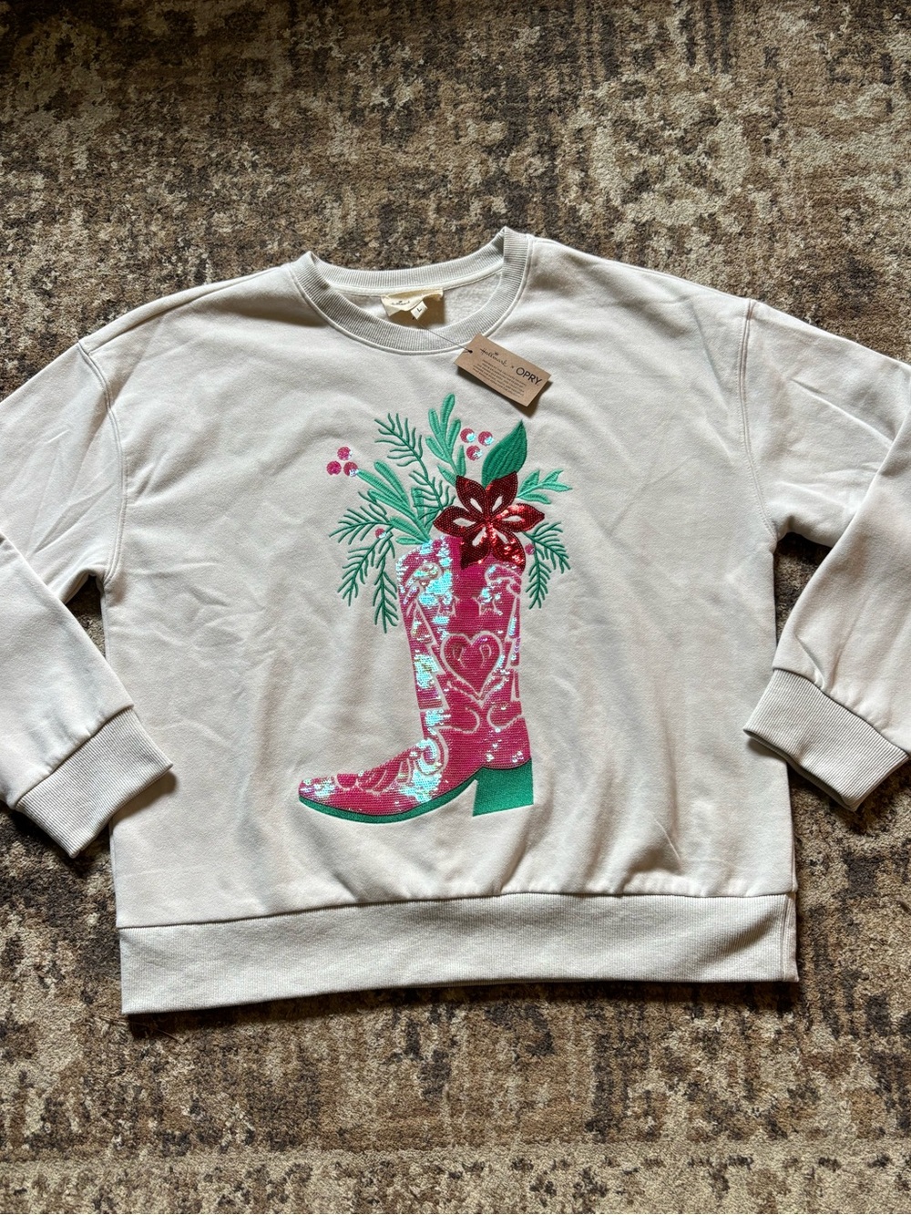 NWT Hallmark X Opry Women’s Large Cowgirl Boot Sweatshirt Sequin Cream Pink